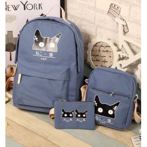 Синий рюкзак с котом + сумка + пенал 09