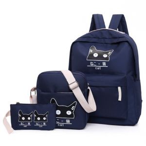 Синий Школьный рюкзак с котиком + пенал + сумочка