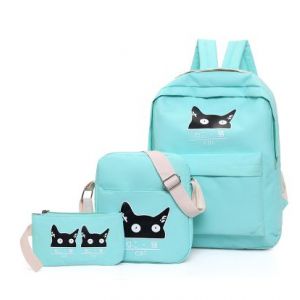 Мятный рюкзак с котиком + пенал + сумочка 014