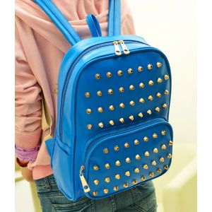 Синий женский кожаный рюкзак  с шипами 06