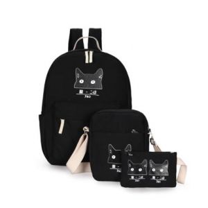 Черный рюкзак с котом + сумка + пенал 07