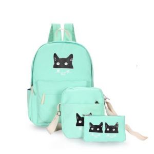 Мятный  рюкзак с котом + сумка + пенал 08