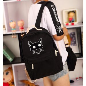 Черный рюкзак с котом + сумка + пенал 023