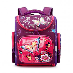 Школьный рюкзак с ортопедической спинкой для девочки первоклассницы Розового цвета с Бабочками и Цветами