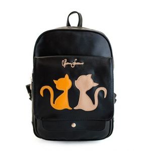 Черный кожаный рюкзак с милыми котиками 058